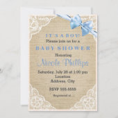 Burlap Lace & Blue Bow Baby shower Uitnodiging (Voorkant)