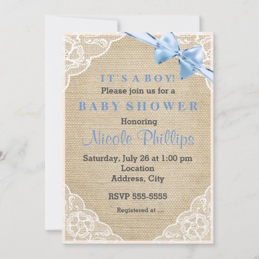 Burlap Lace & Blue Bow Baby shower Uitnodiging (Voorkant)