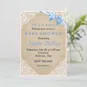 Burlap Lace & Blue Bow Baby shower Uitnodiging (Staand voorkant)