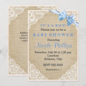Burlap Lace & Blue Bow Baby shower Uitnodiging (Voorkant / Achterkant)