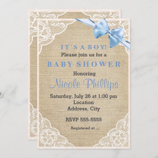Burlap Lace & Blue Bow Baby shower Uitnodiging (Voorkant / Achterkant)