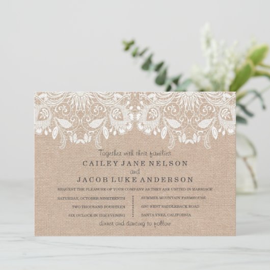 Burlap & Lace bruiloft uitnodiging (Staand voorkant)