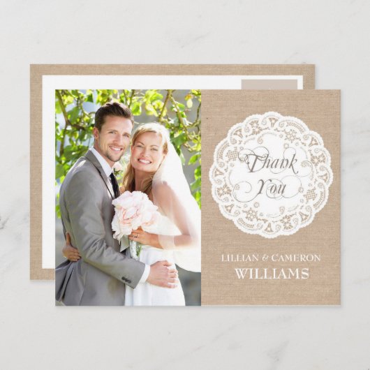 Burlap Lace Doily Bruiloft Dank u Briefkaart (Voorkant / Achterkant)