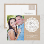Burlap Lace Doily Save the Date Briefkaart (Voorkant / Achterkant)