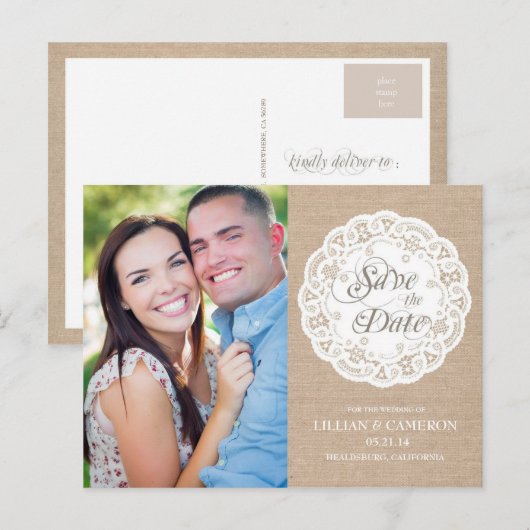 Burlap Lace Doily Save the Date Briefkaart (Voorkant / Achterkant)