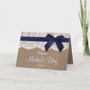 Burlap, Lace en Navy Bow Happy Moederdag Kaart