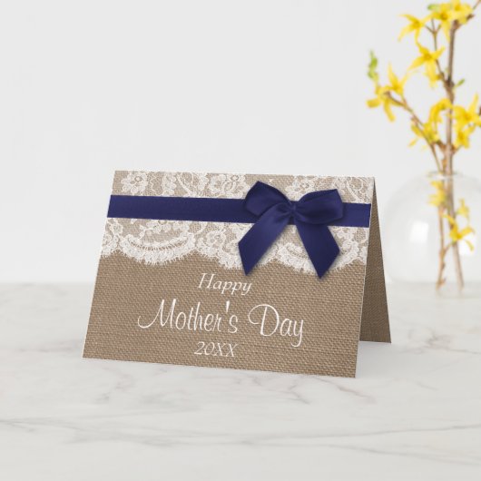 Burlap, Lace en Navy Bow Happy Moederdag Kaart (Gele Bloem)