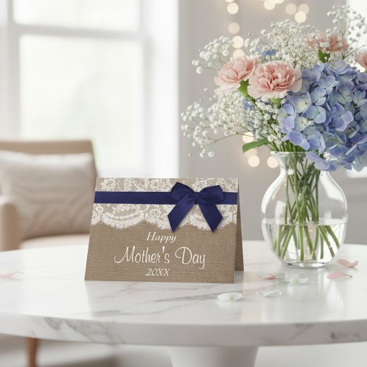 Burlap, Lace en Navy Bow Happy Moederdag Kaart