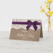 Burlap, Lace en Paarse Bow Happy Moederdag Kaart (Gele Bloem)
