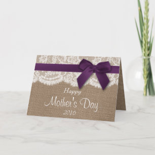 Burlap, Lace en Paarse Bow Happy Moederdag Kaart