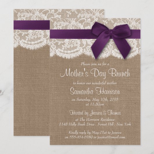Burlap, Lace en Paarse Bow Moederdag Brunch Kaart (Voorkant / Achterkant)