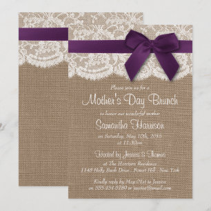 Burlap, Lace en Paarse Bow Moederdag Brunch Kaart