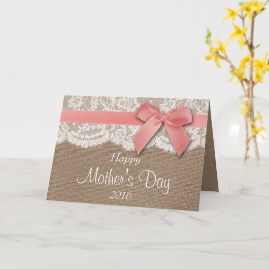 Burlap, Lace en Pink Bow Happy Moederdag Kaart (Gele Bloem)