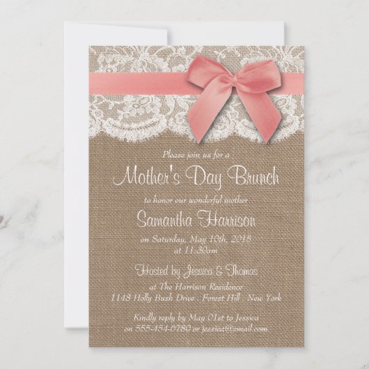 Burlap, Lace en Pink Bow Moederdag Brunch Kaart (Voorkant)