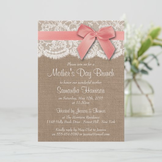 Burlap, Lace en Pink Bow Moederdag Brunch Kaart (Staand voorkant)