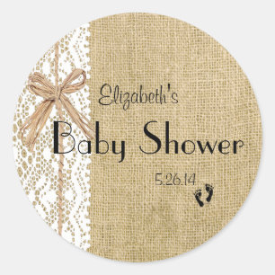 Burlap Lace en Rafia Afbeelding Baby shower-Favor Ronde Sticker