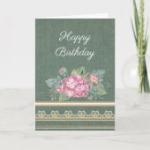  Burlap Lace en Roze Bloem Birthday Kaart (Voorkant)