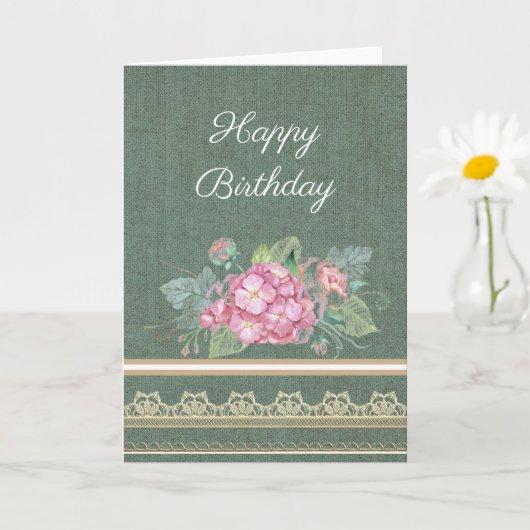 Burlap Lace en Roze Bloem Birthday Kaart (Kleine Plant)