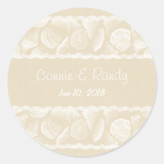 Burlap Lace en Zee Shell Wedding Sticker (Voorkant)