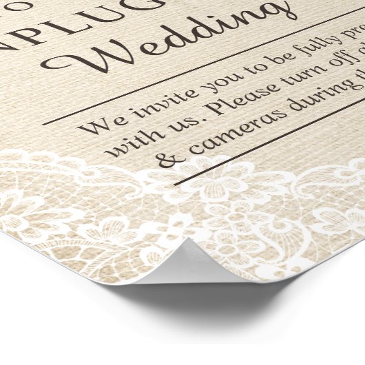 Burlap Lace Floral Unplugged Wedding Welcome Sign Poster (Hoek)