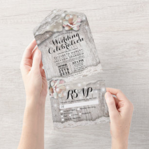 Burlap Lace Flower String Lights Wood Weddenschap  All In One Uitnodiging