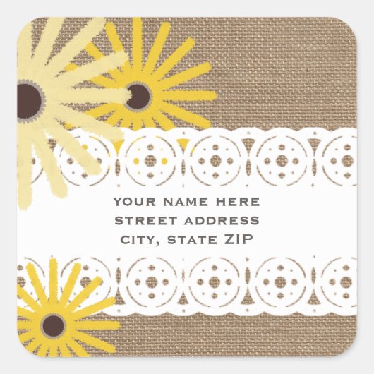 Burlap & Lace Geïnspireerd Black Eyed Susans Adres Vierkante Sticker (Voorkant)