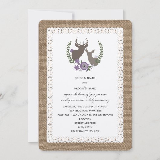 Burlap + Lace geïnspireerd Deer Buck + Doe Paars Kaart (Voorkant)