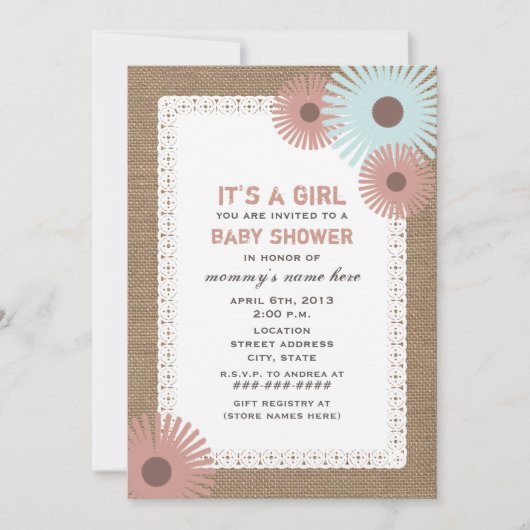 Burlap & Lace Geïnspireerd Floral Baby shower Kaart (Voorkant)