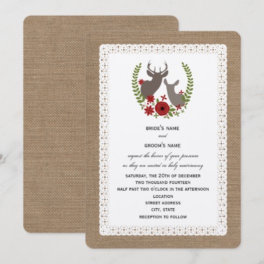 Burlap + Lace Geïnspireerd kerstbruiloft Deer Kaart (Voorkant / Achterkant)
