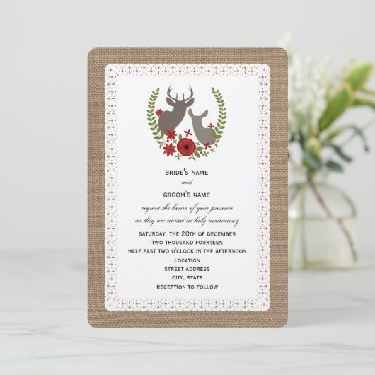 Burlap + Lace Geïnspireerd kerstbruiloft Deer Kaart (Staand voorkant)