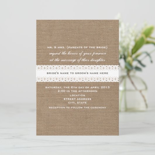 Burlap & Lace Geïnspireerde huwelijksuitnodiging Kaart (Staand voorkant)
