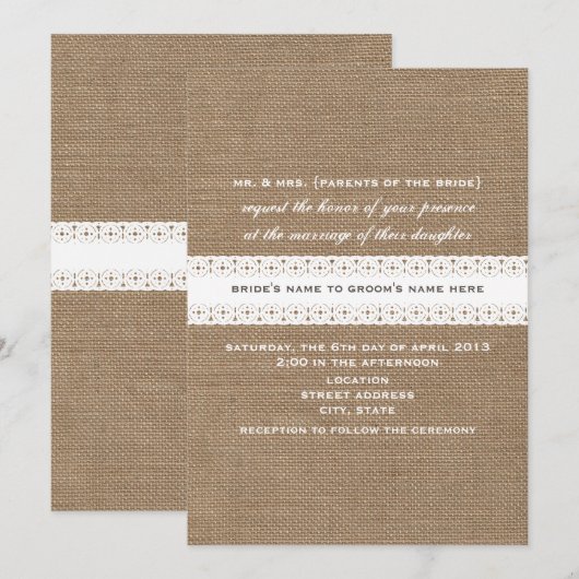 Burlap & Lace Geïnspireerde huwelijksuitnodiging Kaart (Voorkant / Achterkant)