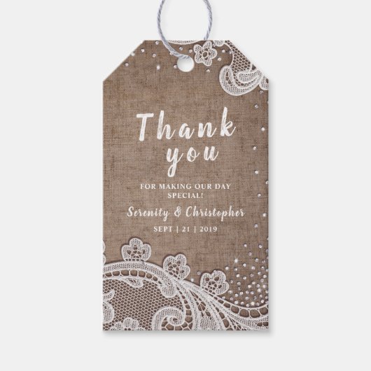 Burlap Lace glitter rustiek Bruiloft dank u Cadeaulabel (Voorkant)