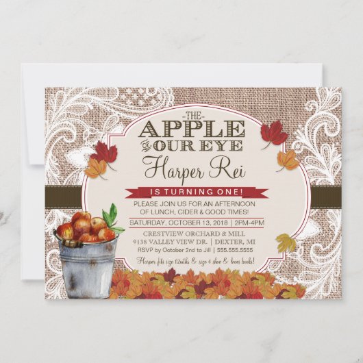 Burlap & Lace Herfst Apple Birthday Party Invitati Kaart (Voorkant)