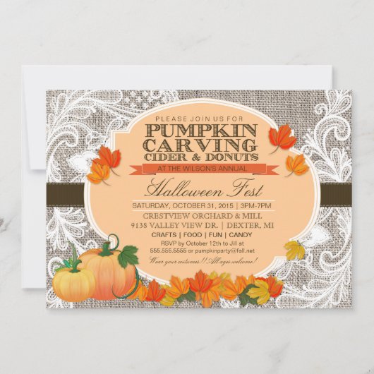 Burlap & Lace Herfst Pompoen Carving Halloween Par Kaart (Voorkant)