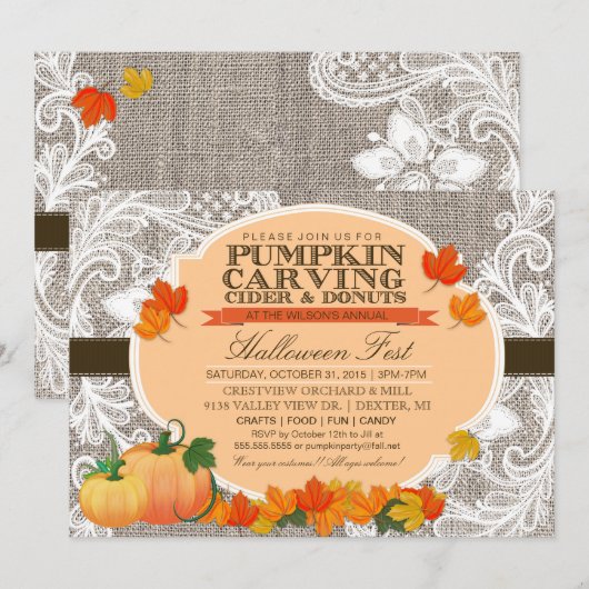 Burlap & Lace Herfst Pompoen Carving Halloween Par Kaart (Voorkant / Achterkant)