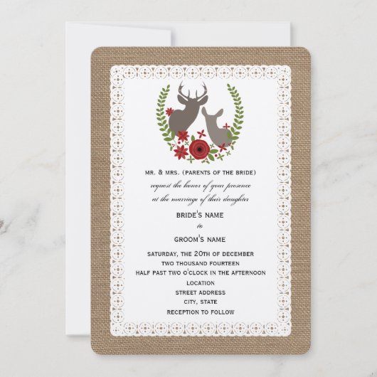 Burlap + Lace kerstbruiloft Buck + Doe Deer Kaart (Voorkant)