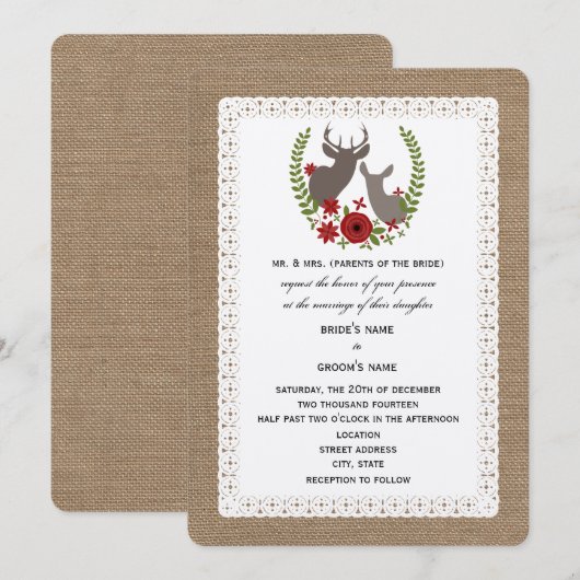 Burlap + Lace kerstbruiloft Buck + Doe Deer Kaart (Voorkant / Achterkant)