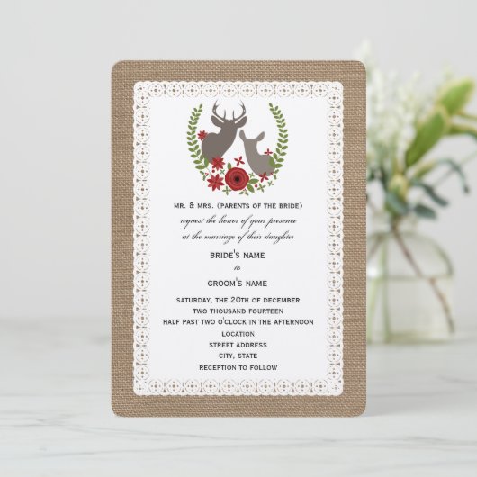 Burlap + Lace kerstbruiloft Buck + Doe Deer Kaart (Staand voorkant)
