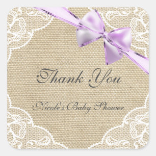Burlap Lace & Lavendel Bow Baby shower Sticker