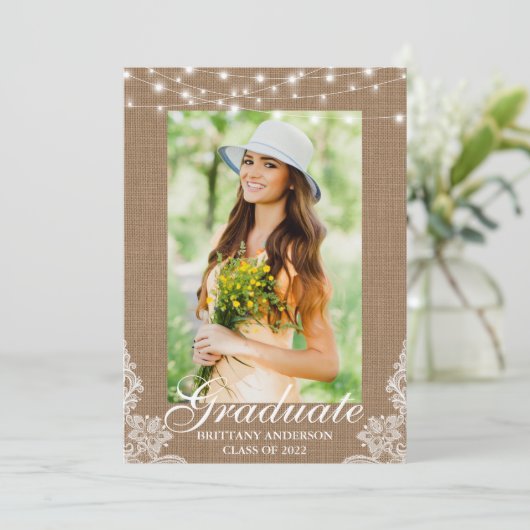 Burlap Lace Lights Foto Afstuderen Aankondiging (Staand voorkant)