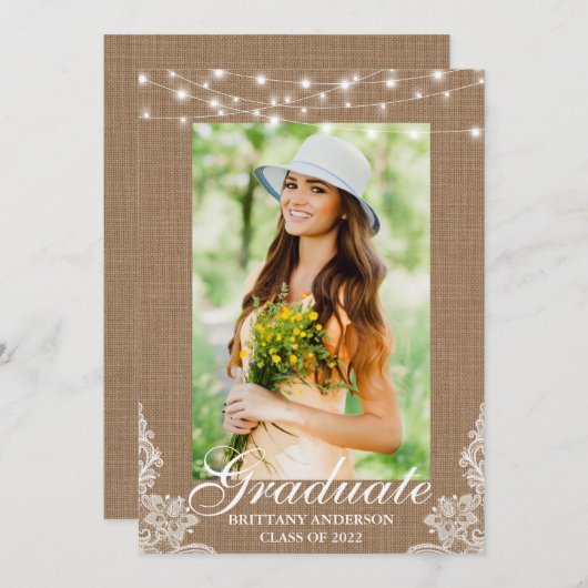 Burlap Lace Lights Foto Afstuderen Aankondiging (Voorkant / Achterkant)
