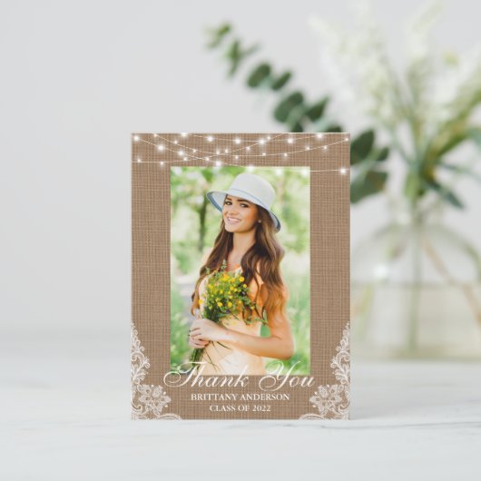 Burlap Lace Lights Foto Afstuderen Hartelijk dank Briefkaart (Staand voorkant)
