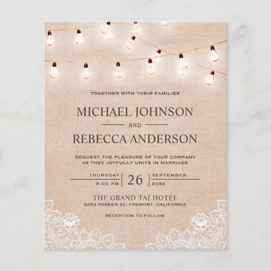 Burlap Lace Lights Fotobudget Weddenschap (Voorkant)