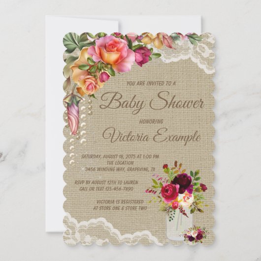 Burlap Lace Mason Jar Baby Shower Uitnodigingen (Achterkant)