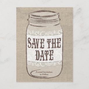 Burlap Lace Mason Jar Bewaar de datum Aankondigingskaart