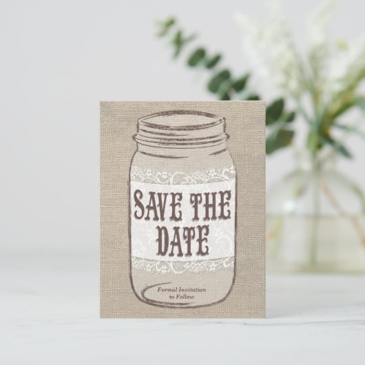 Burlap Lace Mason Jar Bewaar de datum Aankondigingskaart (Staand voorkant)
