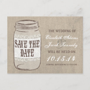 Burlap Lace Mason Jar Bewaar de datum Aankondigingskaart