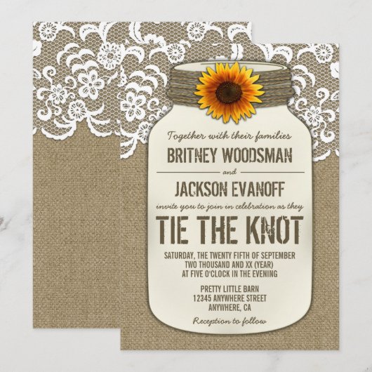 Burlap Lace Mason Jar Bruiloft Uitnodigingen (Voorkant / Achterkant)