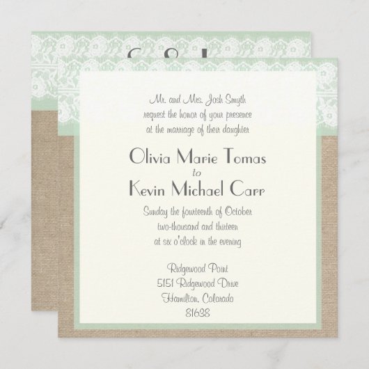 Burlap & Lace Mint Wedding Invitation Kaart (Voorkant / Achterkant)